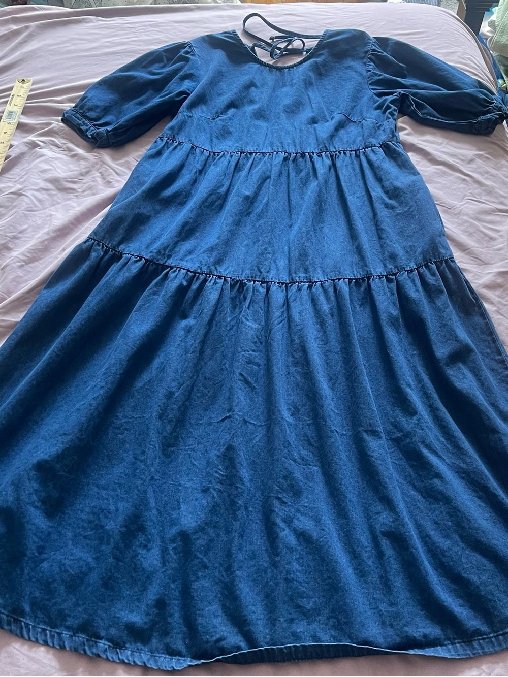 Nobody’s Child Tiered Puff Sleeve Denim Maxi Dress Sz 8
